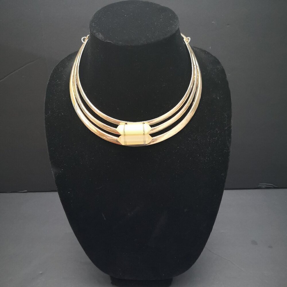 Dynamite Gold Tone Statement Choker with Green & Yellow Faux Stones on Front